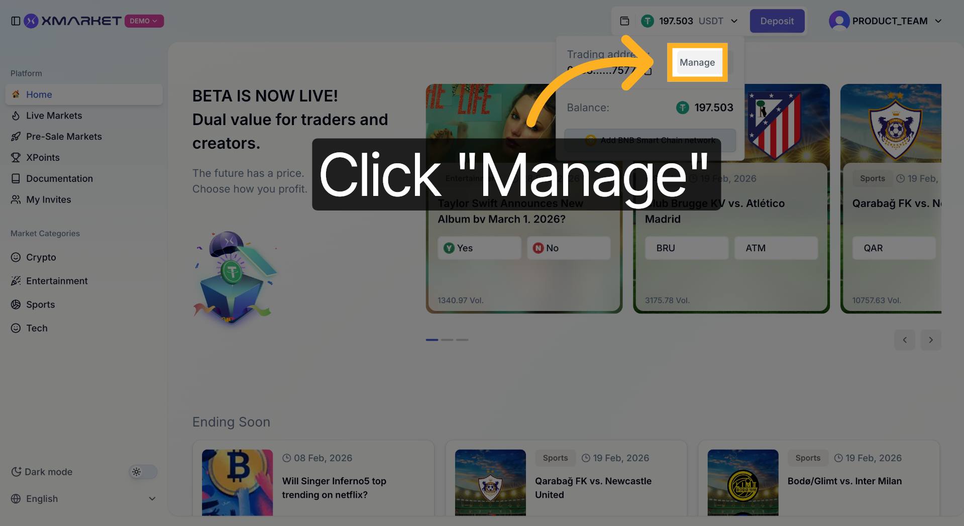 Wallet menu with Manage option